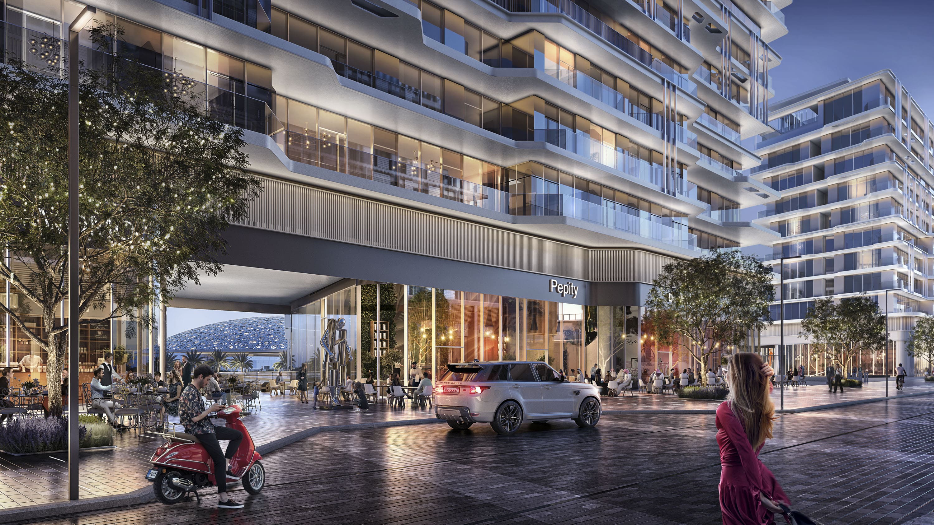 Beautiful community plaza view of Grove Gallery Views highlighting premium biophilic design elements and high-end real estate developments
