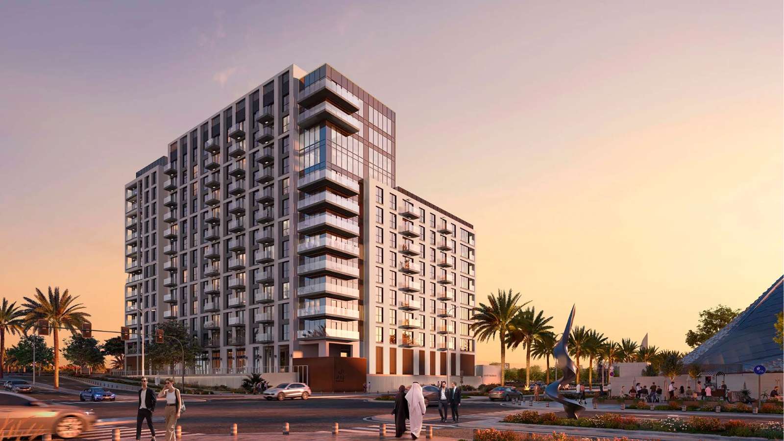Stunning façade of Manarat Living on Saadiyat Island showcasing modern residential development in Abu Dhabi's cultural destination.