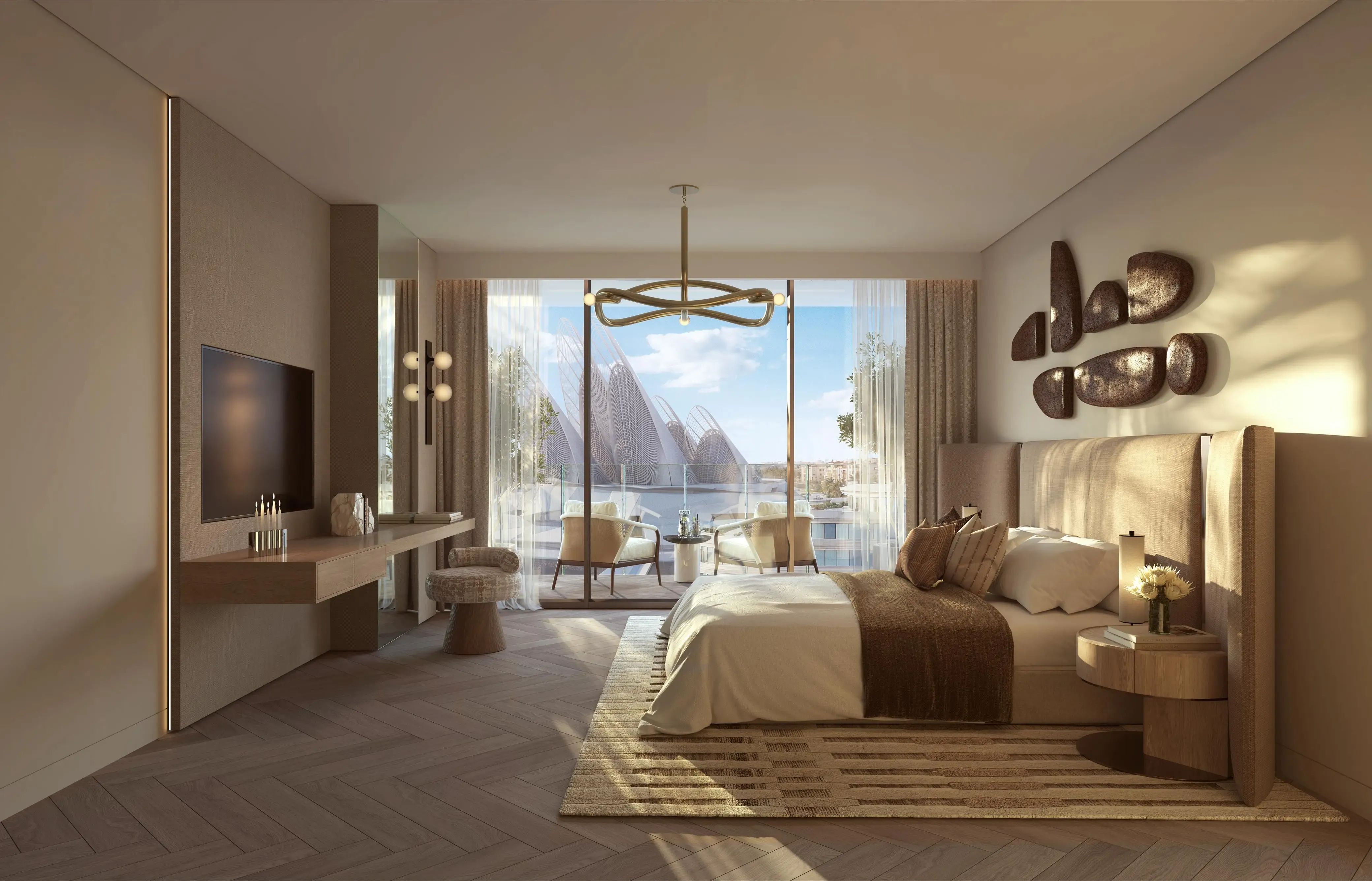 The Row Saadiyat luxury bedroom with refined modern finishes